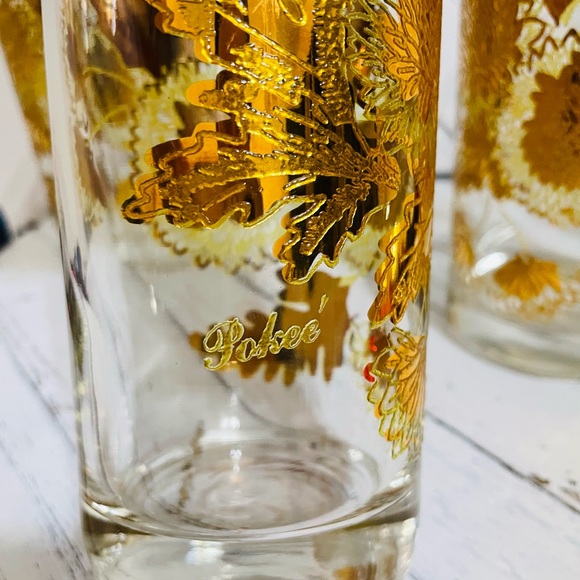 Set of 4 Vintage Mid Center Modern Pokee Yellow 22K Gold Chrysanthemum glasses - Picture 5 of 8